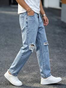 NEWTUSFAN Men's Casual Daily Denim Jeans With Pocket, Button And Distressed Design - Light Wash - View 3
