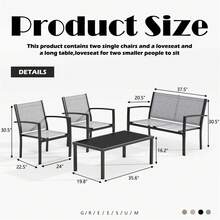 Juego de Muebles de Patio de 4 Piezas Gris 102.1x21.1x56.1 cm| Juego de Conversación al Aire Libre con 1 Sofá Doble 2 Sillas Individuales y Mesa de Centro de Vidrio| Estructura de Metal Negro con Tapizado Textilene| para Patio Jardín Césped y Piscina| Fácil de Armar - Gris - Ver 2