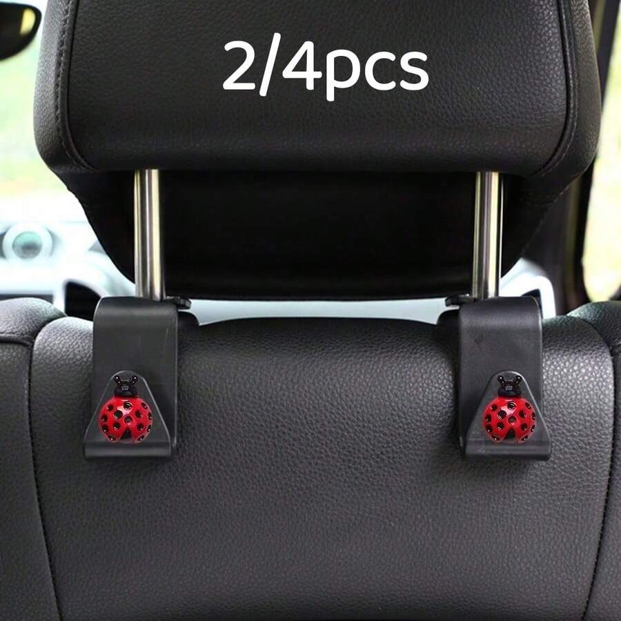 2/4pcs Cute Seven-Star Ladybug Car Headrest Hooks, Cartoon Ladybug Seat Back Hanging Rack, Multi-Functional Bag & Shopping Bag Storage Hooks, Universal Car Interior Storage Accessories, Red Insect Car Decor - A - View 1