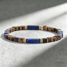 2pcs/Set Vintage Style Lapis Lazuli 5mm Square Bead Bracelet, Symbolizing Wisdom, Power And Spirituality, Handmade Natural Stone Elastic Cord Jewelry, Best Gift Choice For Friends - Multicolor - View 4