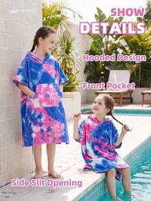 SHENG CHUN 1pc Children's Swim Cover-Up, With Pockets, Beach Essential, Bathroom Essential, Handmade Tie-Dye Bath Towel, Random Tie-Dye, Summer Vacation Essential, Ultra-Fine Fiber Fabric, Instant Water Absorption, Lightweight And Comfortable, Soft Fabric, Non-Irritating To Skin - Berries - View 5