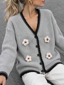 Women's Winter 3D Floral Knit Cardigan - Contrast Trim Cardigan, Christmas New Year Holiday - Grey - View 1