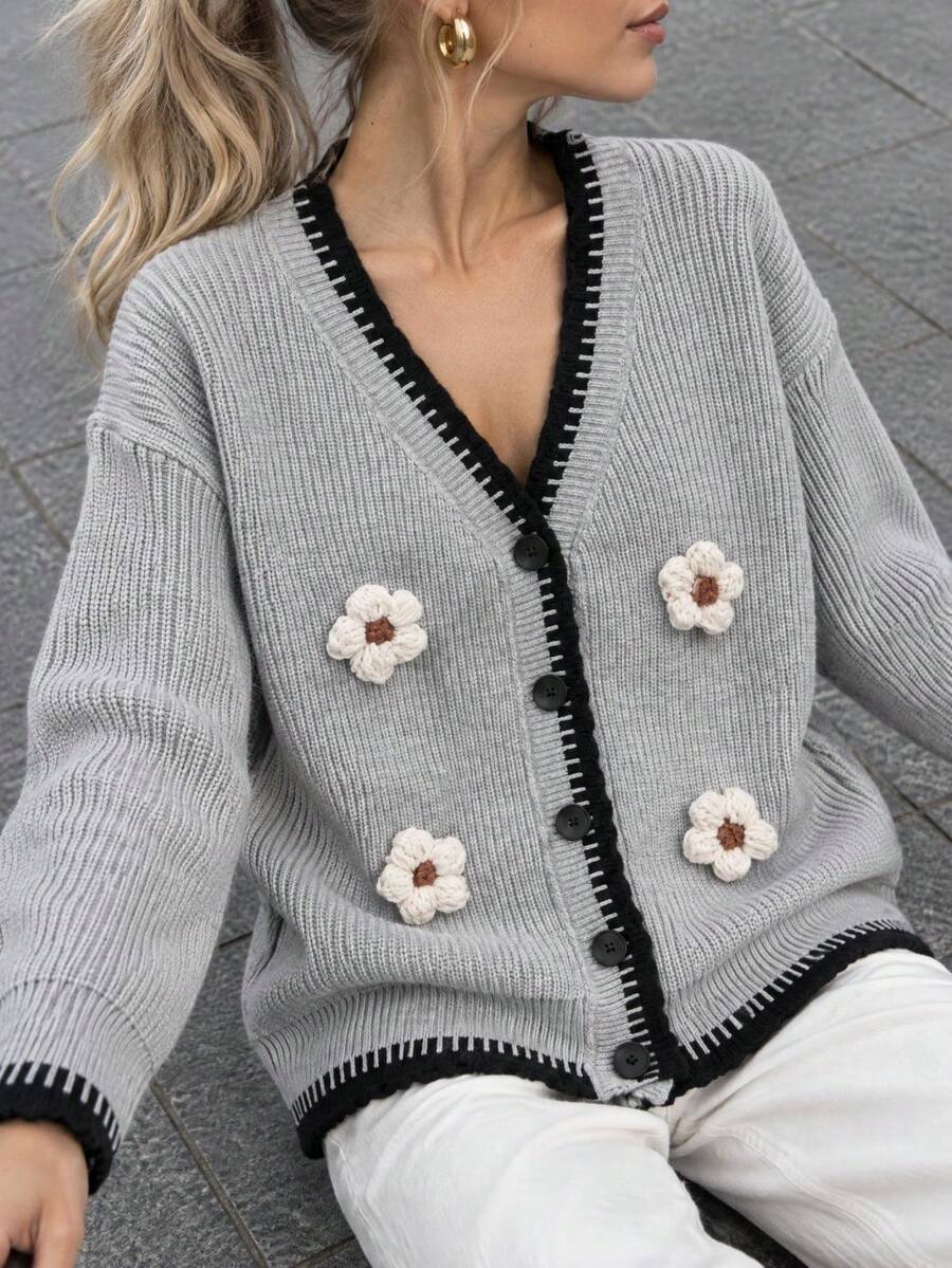 Women's Winter 3D Floral Knit Cardigan - Contrast Trim Cardigan, Christmas New Year Holiday - Grey - View 1