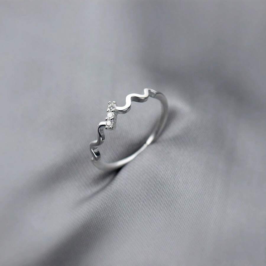 1pc Minimalist Fashion Cubic Zirconia S925 Sterling Silver Open Wave Ring, Micro-Inlaid, Suitable For Women's Daily Wear - XY-1198 - View 1