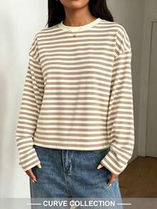 Women's Striped Round Neck Long Sleeve Plus Size Knit T-Shirt, Regular Length Medium Stretch, Comfortable Autumn Basic Top - Khaki - View 6