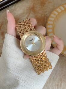 Fashion Women's Quartz Watch, Large Round White Dial, Wide Hollow Strap, Rhinestone Hour Markers, Suitable For Social Occasions - Gold - View 3