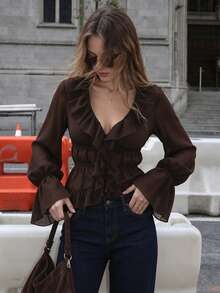 Aflion Women's Summer Autumn Deep Brown Ruffle V-Neck Short Chiffon Blouse, Flared Long Sleeve Front Tie Waist Blouse - Brown - View 1