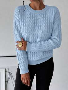 Roviva Women's Autumn Elegant Casual Commute Round Neck Cable Knit Sweater Top, Suitable For Party, Gathering, Holiday, Birthday Party, Work Commute - Blue - View 6