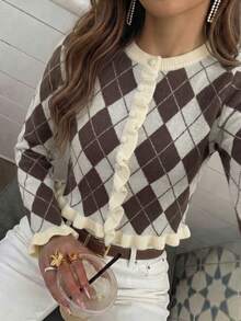 Women's Casual Brown And White Color Block Sweater, Autumn/Winter Style, Argyle Pattern Design With Ruffle Hem, Suitable For Outdoor Wear - Brown - View 11
