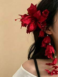 1pc Summer Versatile Transparent Vintage Chic Mori Style Long Floral Tassel Hair Accessory - Burgundy - View 1