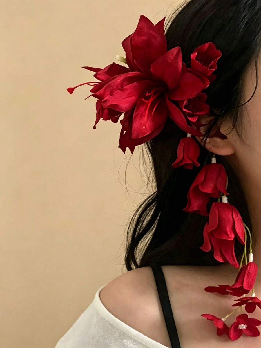 1pc Summer Versatile Transparent Vintage Chic Mori Style Long Floral Tassel Hair Accessory - Burgundy - View 1