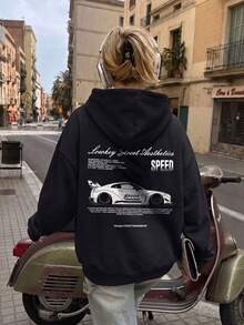 Women's Low-Key Street Style Car Print Sweatshirt, Long Sleeve Ribbed Knit Pullover Sweatshirt, Suitable For Streetwear And Casual Daily Wear - Black - View 3