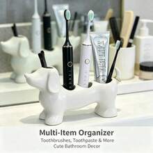 2/1pc Cute Minimalist Dachshund Shaped Bathroom Toothbrush Holder, Multi-Compartment Bathroom Countertop Storage Rack, Multi-Functional Sink Organizer For Electric Toothbrush, Toothpaste, Makeup Brushes - Multicolor - View 6