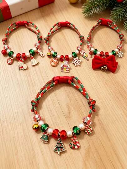 Christmas Dog Collar, Handmade Braided Adjustable Design, With Christmas Tree And Santa Claus Pendant, Christmas Pet Gift, Suitable For Small Dogs And Cats