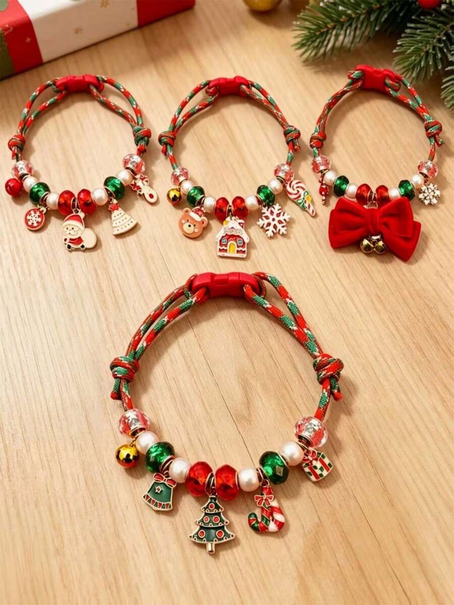 Kalung Anjing Natal, Desain Anyaman Buatan Tangan yang Dapat Diatur, dengan Liontin Pohon Natal dan Santa Claus, Hadiah Natal untuk Hewan Peliharaan, Cocok untuk Anjing dan Kucing Kecil - MultiWarna - View 1