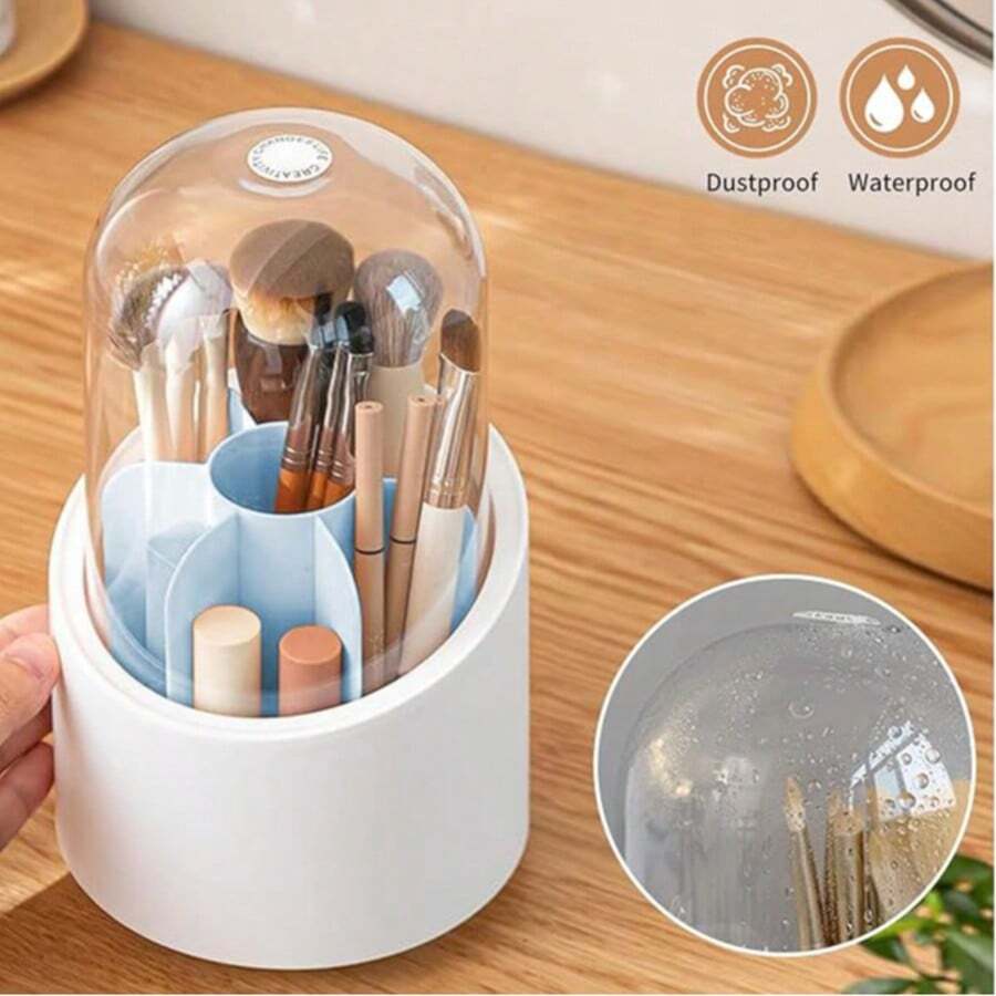 Dustproof & Waterproof Makeup Brush Storage Bucket With Transparent Domed Lid, Multi-Compartment Makeup Brush Organizer Box, Cute Cartoon Makeup Brush Cup, Vanity Tabletop Eyeliner & Lipstick Storage Rack, Desktop Bathroom Vanity Makeup Organizer Box - Multicolor - View 1