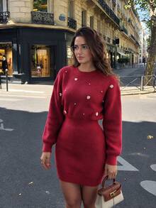 NOVELLE Women's Wine Red Crew Neck Pearl Flower Decor Knit Dress, Autumn Winter Long Sleeve Waist Flattering Bodycon, For Dating, Parties And Commute - Burgundy - View 3