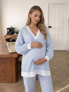 Bump Style Maternity 2 Pieces Blue Striped Pajama Set: Lace Trim Elastic Belly Area Long Sleeve, Suitable For Sleep And Home Leisure - Blue - View 1
