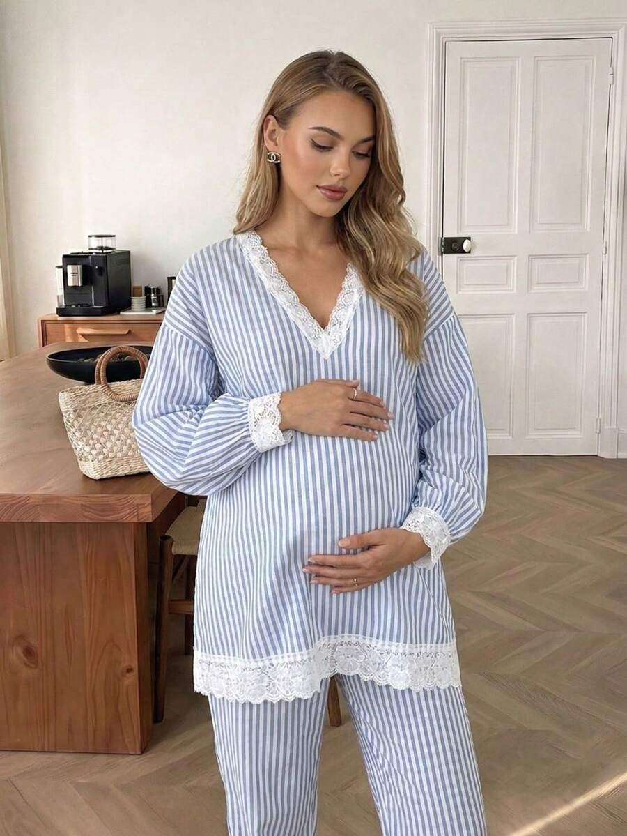 Bump Style Maternity 2 Pieces Blue Striped Pajama Set: Lace Trim Elastic Belly Area Long Sleeve, Suitable For Sleep And Home Leisure - Blue - View 1