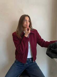 Lapel Short Jacket Top, European And American Style, Versatile Loose Fit, New Zipper Outerwear - Burgundy - View 2