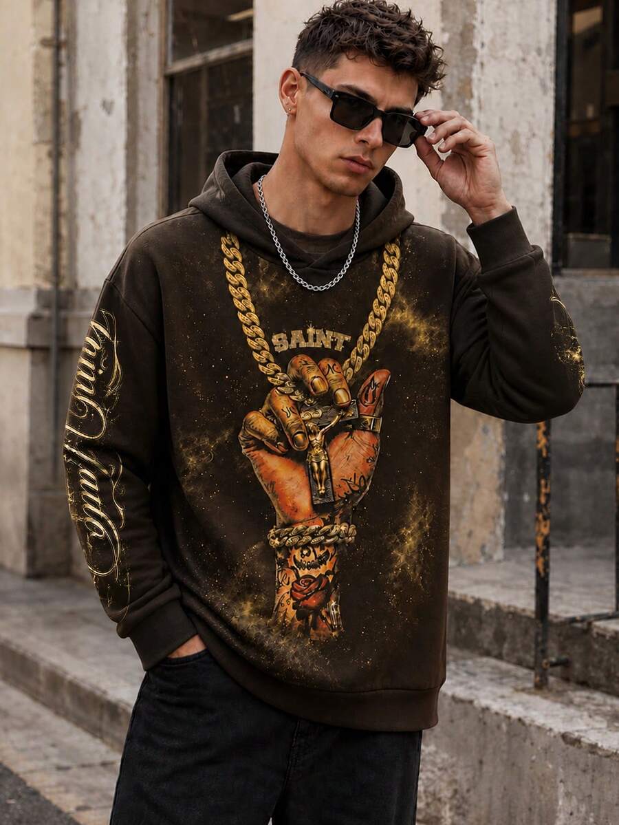 FRACTYR Men's Vintage Sweatshirt, Tattoo Palm & SAINT Gold Chain Print, Hip-Hop Street Style Tattoo Palm Print Sweatshirt - Black - View 1