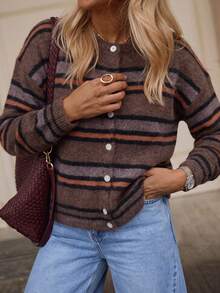 Women's Vintage Striped Knit Cardigan Sweater Jacket, Winter - Brown - View 9