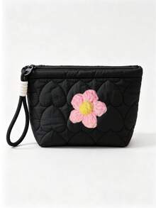 Quilted Heart-Shaped Makeup Bag With Knitted Flower, Lipstick Storage Pouch, Soft Candy Color Toiletry Bag, Multiple Colors Available, Perfect Gift For Middle East National Day, Halloween, Christmas - Multicolor - View 16