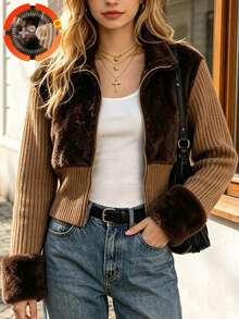 Lurzo Girl Plush Patchwork Striped Wool Warm Jacket, Zipper Stand Up Collar Autumn And Winter Top, Fashionable And Comfortable For Outdoor/School/Holidays - Brown - View 2