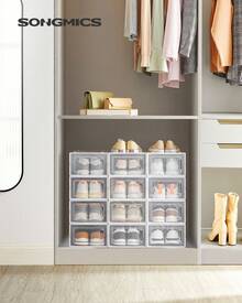 SONGMICS Cajas de Zapatos Plástico, Juego de 12 Organizadores de Almacenamiento, Caja Zapatero Plástico Plegable y Apilable para Zapatillas hasta talla 44, Transparente y Blanco LSP12SWT - Ver 2