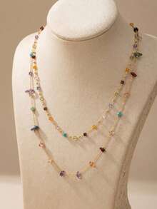 1pc Minimalist Elegant Colorful Asymmetrical Stone Chain Double Layer Women's Necklace Suitable For Daily Commute Beach Vacation Wear (Stone Shape And Color Random) - Colorful - View 2
