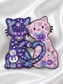 Christmas Theme Double Cat Design Brooch, Cute Snowflake Snowman Reindeer Gift Box Decorative Accessory, Holiday Outfit Backpack Coat Decoration Brooch Gift - A - View 1