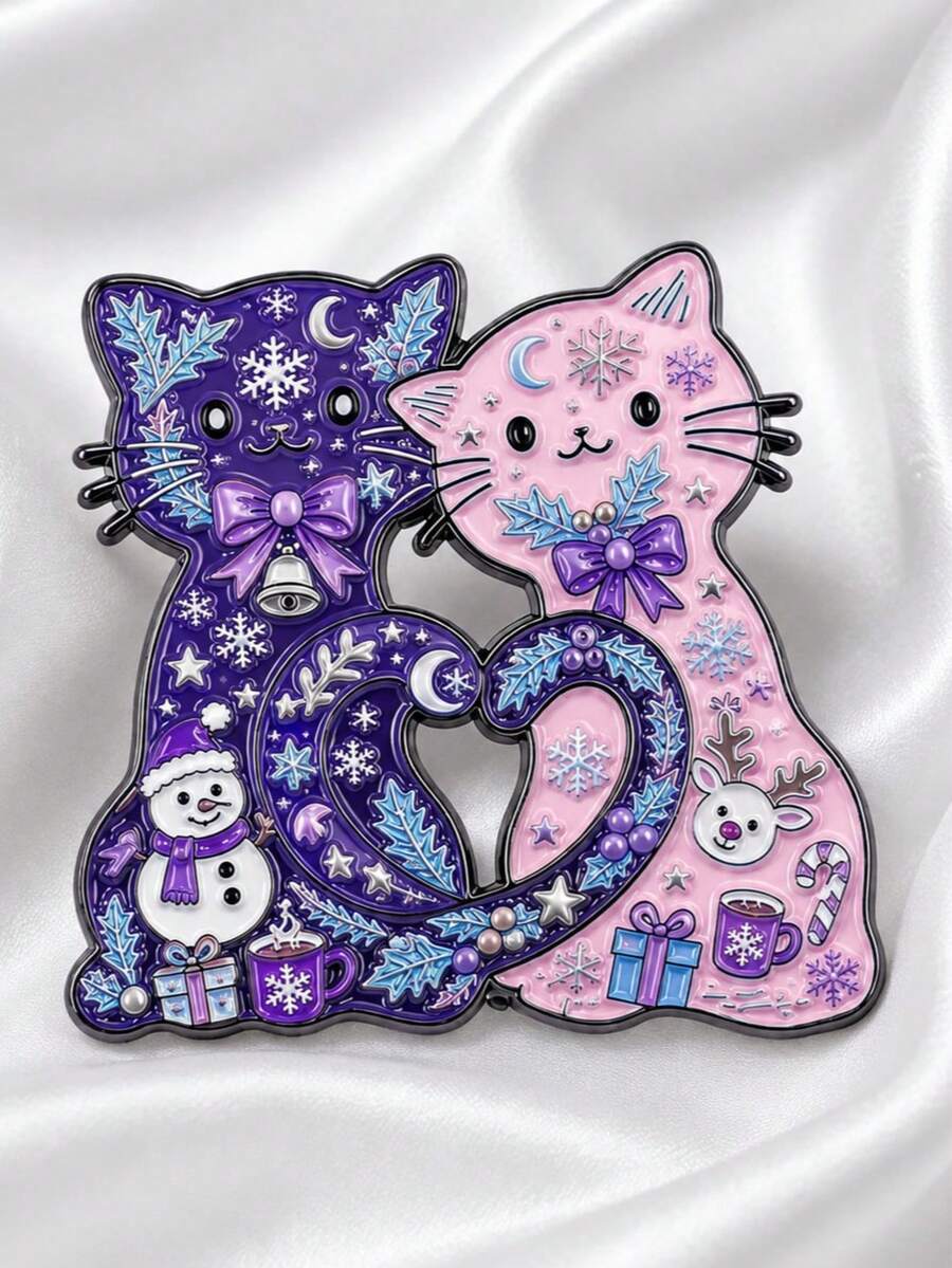 Christmas Theme Double Cat Design Brooch, Cute Snowflake Snowman Reindeer Gift Box Decorative Accessory, Holiday Outfit Backpack Coat Decoration Brooch Gift - A - View 1
