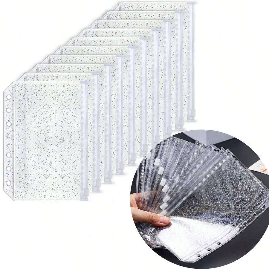 Transparent Glitter Gold Onion PVC Zipper File Bag With 6-Hole Punched Design,Suitable For Travel Notebooks, Card Holders,And Office Supplies. Ideal For Diary Recording,Document Organization, And Storing Travel Notebooks Or Supplementing File Covers - Sets - View 1