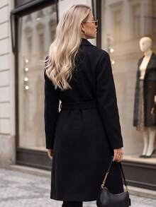 Women's Double-Breasted Belted Coat, Wide Lapels, Knee Length, Lined With Pockets - Black - View 4