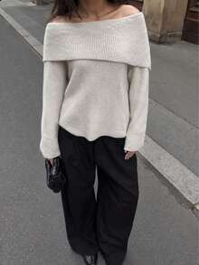 Women's Plus Size Off-Shoulder Sweater, Long Sleeve Knit Pullover, Suitable For Autumn/Winter, Fashionable Women's Top - Beige - View 6