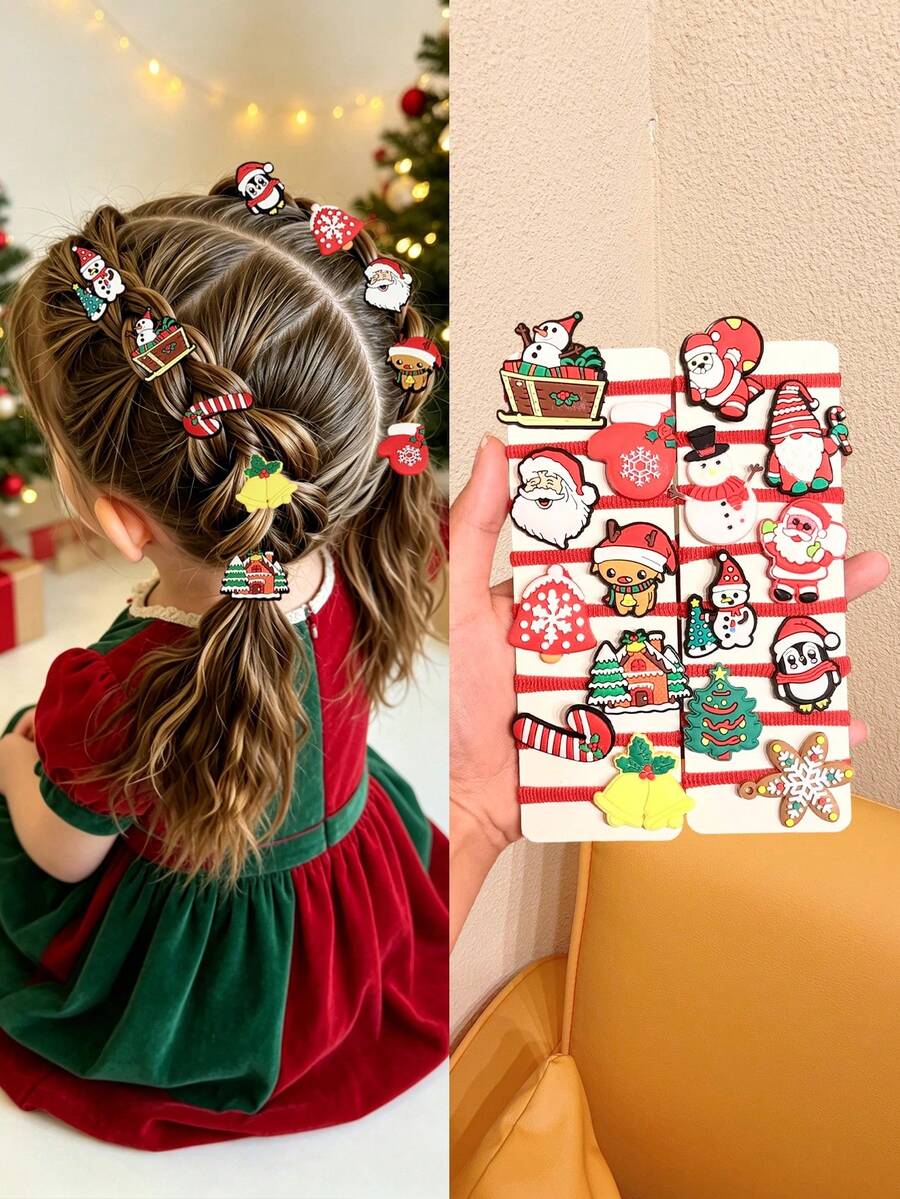 10/20pcs Random Christmas Cartoon Hair Ties, Santa Claus, Reindeer, Snowman Small Hair Bands, Girls' Braid Rubber Bands - Multicolor - View 1