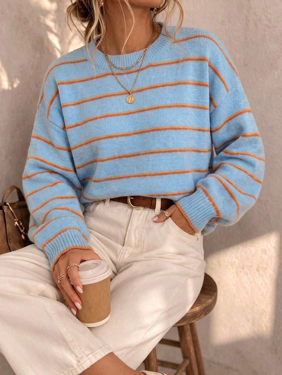 Women's Autumn Blue & Orange Striped Round Neck Knit Sweater, Dropped Shoulder Loose Short Pullover Top For Back To School And Daily Wear - Multicolor - View 1