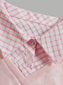 Aflion Women Fall Clothing Pink Ribbed Knit Long Sleeve Top, Plaid Collar Cuff Trim Slim Fit Cropped Shirt For Daily Wear - Pink - View 5