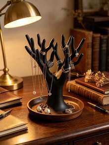 1pcMinimalist Style Resin Tree Shaped Jewelry Holder, Branch Design With Round Bottom Tray, Necklaces Rings Bracelets, Jewelry Display Stand, Ideal For Bedroom Vanity Decor, Birthday & Holiday Gift For Year-Round Usage - Multicolor - View 6