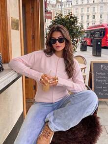 Elegant Intellectual Solid Color Button-Up Cardigan For Women, Suitable For Holiday, Travel, Date, Autumn/Winter - Pink - View 4
