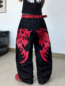 1pc Leather Embroidered American Streetwear Loose Fit Wide Leg Jeans For Men, Comfortable For All Seasons, Decorated With Metal Rivets (No Belt Or Accessories Included) - Black - View 5
