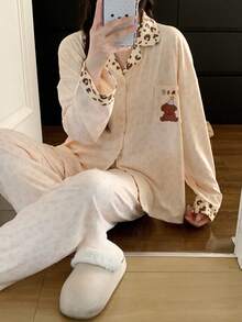 2pcs/Set Women's Pajama Loungewear Set, New Cardigan Lapel Animal Print Long Sleeve Long Pants, Easy Care Fabric - Champagne - View 10