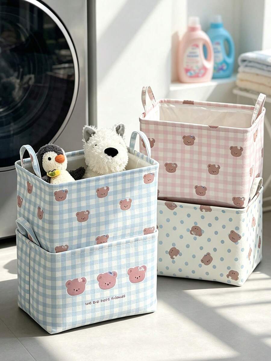 1pc Bear Print Checkered Storage Bin,Sweet Minimalist Style Fabric Rectangular Shape With Carry Handle Detail,Foldable Large Capacity Clothes Sundries Storage Organizer,For Bedroom Home Daily Use All Season Household Decor Christmas Clothing Storage