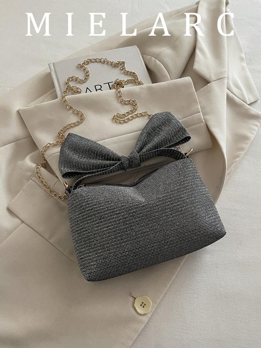 Glossy Bow Evening Clutch, Party Handbag, Wristlet, Shoulder Crossbody Bag