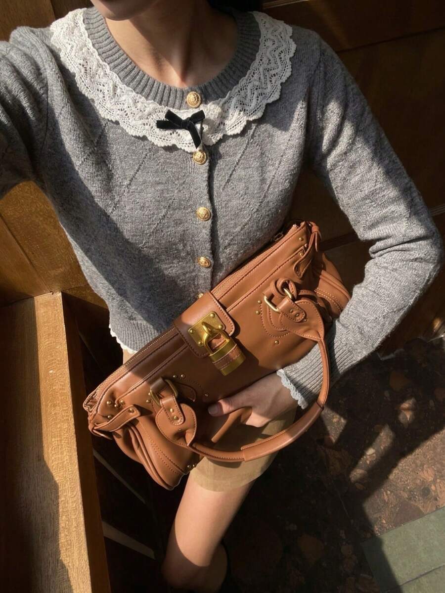 Elegant Women's Grey Cardigan Sweater With Delicate Contrast Lace Collar And Cute Bow, Perfect For Autumn/Winter - Grey - View 1