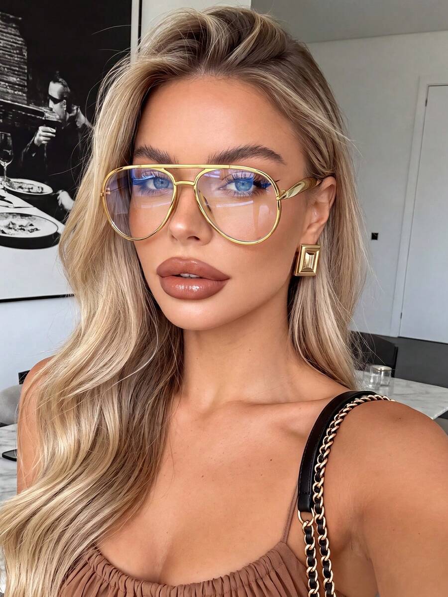 1 Pair Women's Aviator Metal Frame Fashionable Plain Lens Glasses, Suitable For Daily Wear, Commuting, Photography, Holiday Gift, High Definition Eyewear - Jin Ping - View 1