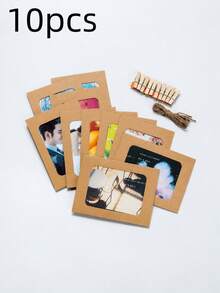 20/10/1pc Vintage Kraft Paper Photo Frame With Clips And Jute Rope, For Banner Home Decor, Suitable For Wedding, Anniversary, Birthday, Holiday Party, Clip-On Photo Display Rack, Multi-Functional Hanging Photo Banner, For Home And Office Decoration - Picture Frame - View 7