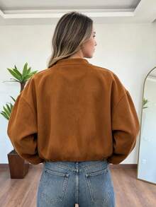 Jaket Tenun Lengan Panjang Kerah Tegak dengan Resleting Penuh Warna Cokelat untuk Wanita, Cocok untuk Dipakai di Musim Gugur - Coklat - View 4