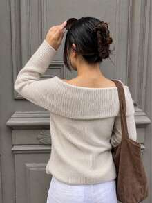 Women's Plus Size Off-Shoulder Sweater, Long Sleeve Knit Pullover, Suitable For Autumn/Winter, Fashionable Women's Top - Beige - View 3