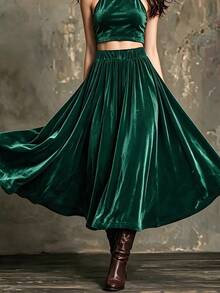 Women's Versatile Velvet Skirt, Elastic Waist Loose Fit Casual Commute Skirt For Early Spring - Dark Green - View 2